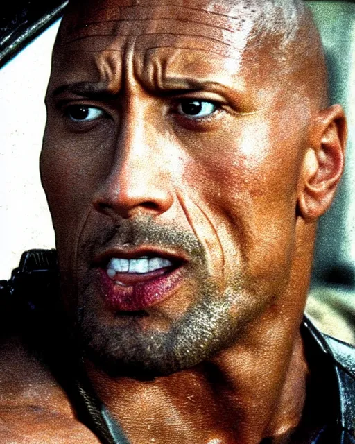 Image similar to film still close up shot of dwayne johnson in the movie mad max 2 the road warrior. photographic, photography