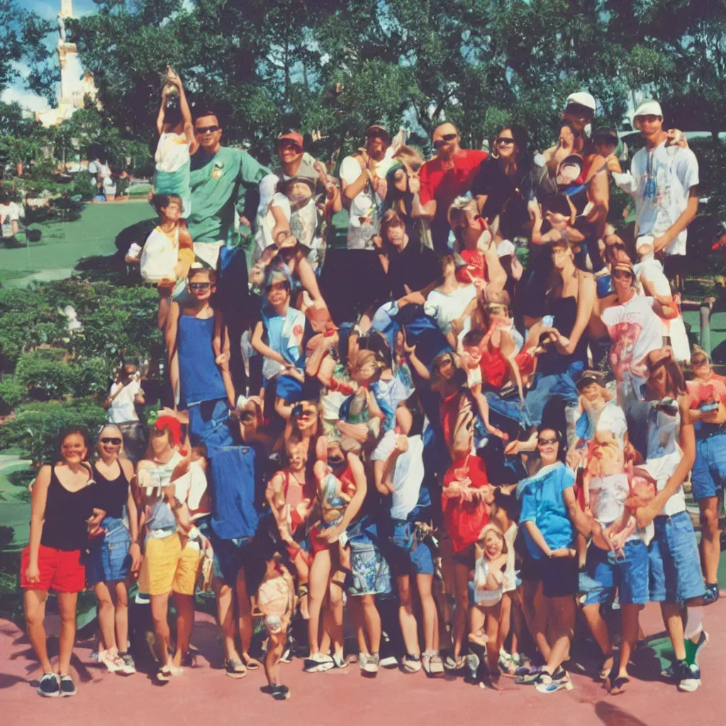 Prompt: 1990s disposable camera photograph family vacation at Disney World