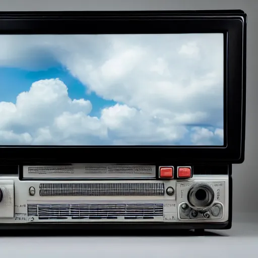 Image similar to a professional studio photograph (of a 90s television and VHS combo playing a video) ((((((((((((((of clouds)))))))))))))), key light, 50mm, shallow depth of field, no artefacts