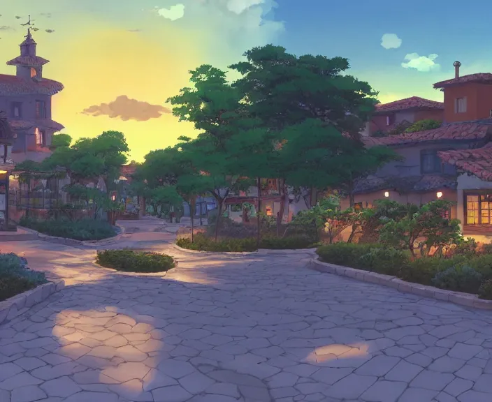 Prompt: A Spanish plaza in a small village at sunset, peaceful and serene, incredible perspective, soft lighting, anime scenery by Makoto Shinkai and studio ghibli, very detailed