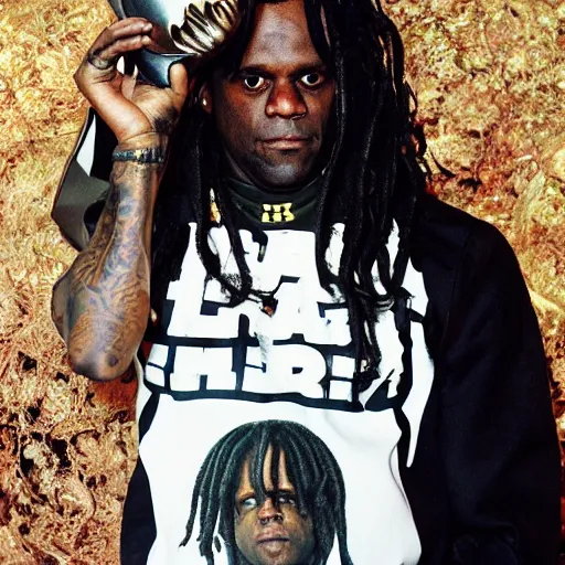 Image similar to Chief Keef holding the head of Medusa