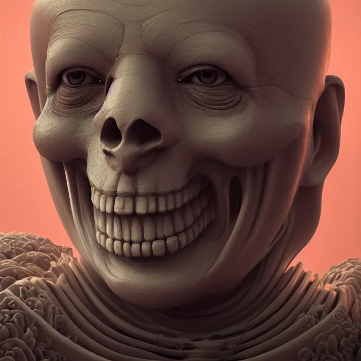 Prompt: portrait of relaxed Buddhist Monk as skeleton. intricate abstract. intricate artwork. by Tooth Wu, wlop, beeple, dan mumford. octane render, trending on artstation, greg rutkowski very coherent symmetrical artwork. cinematic, hyper realism, high detail, octane render, 8k, matte accents