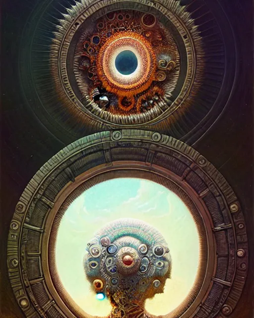 Prompt: a portrait of circular portal to another dimension in the style of ernst haeckel surrealism, surrealist conceptual art, realist, digital painting, aesthetic, soft, sharp focus, vintage, artstation hd, by greg rutkowski, bruce pennington, valentina remenar and asher duran,