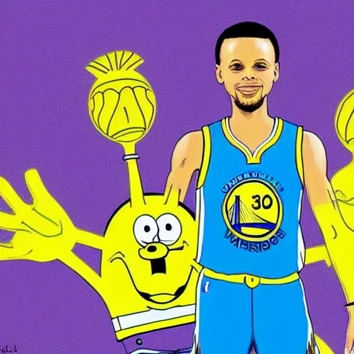 Image similar to stephen curry as a spongebob character drawn in super high resolution, hanging out with the other characters in the show