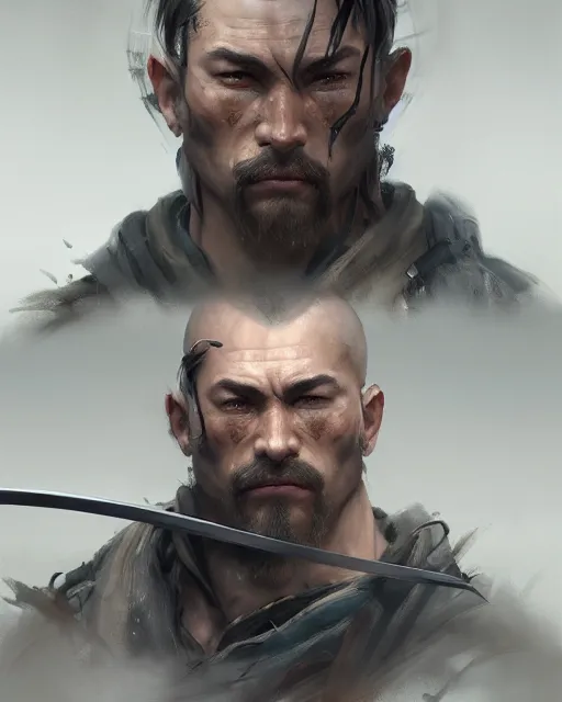 Image similar to face portrait of a handsome and ripped ronin, masculine features, short messy hair, wielding a katana, wearing a haori, by wlop and peter mohrbacher, dramatic action pose, extremely detailed shading, concept art, digital painting, trending on artstation, unreal engine 5, octane render, atmosphere, glow, cinematic lighting, full of color