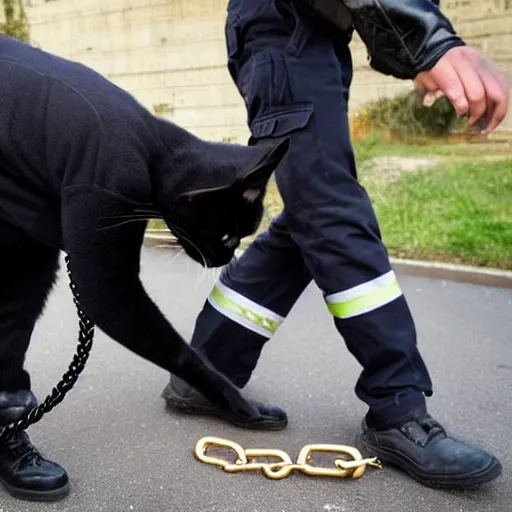 Image similar to A black cat being arrested by the police, with handcuffs being put on his paws