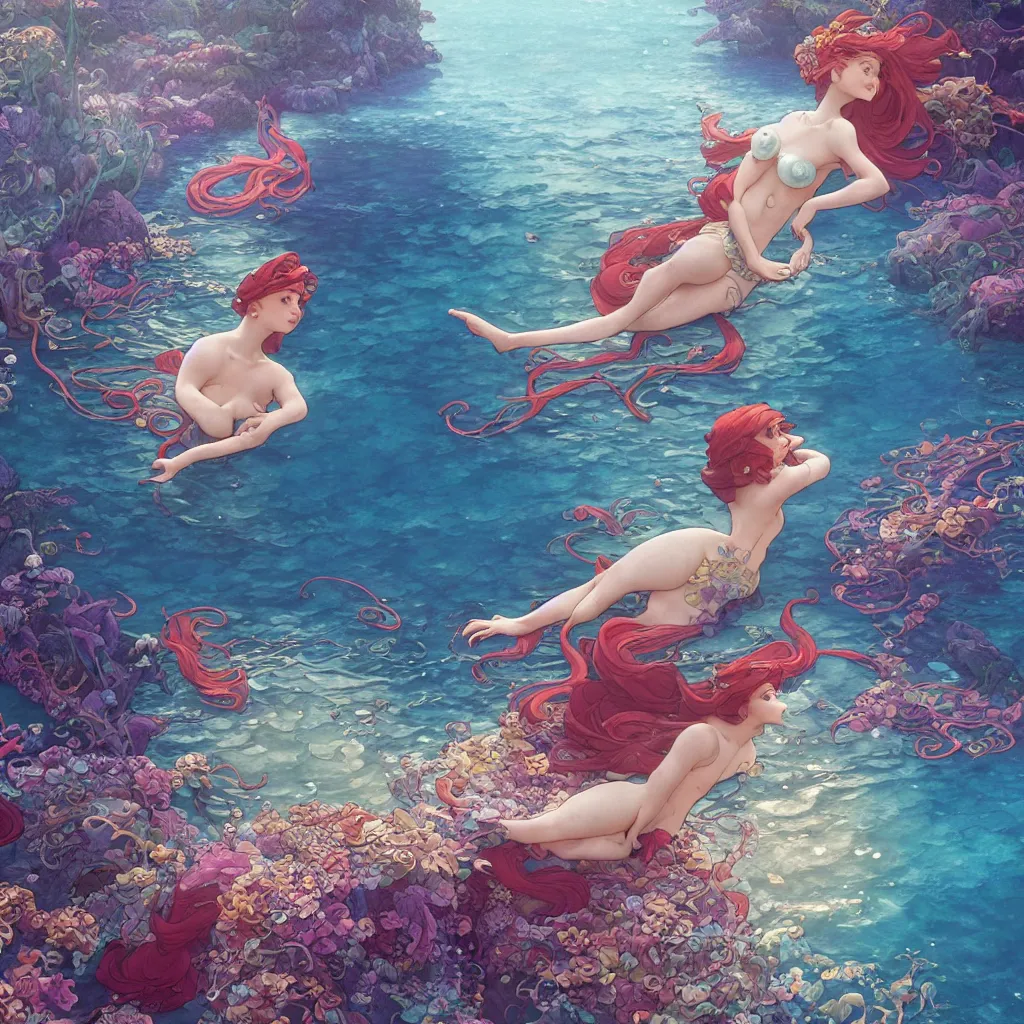 Image similar to the little mermaid singing in the colorful ocean, correct human body and perspective, pearls and shells, fantasy art by ferdinand knab, makoto shinkai and ilya kuvshinov, rossdraws, tom bagshaw, alphonse mucha, trending onstudio ghibli, radiant light, highly detailed, octane render, 8 k