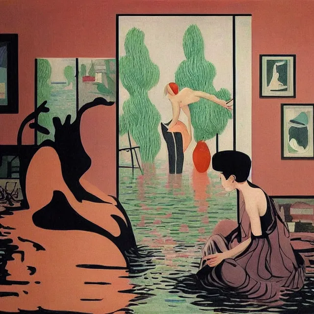 Image similar to tall female emo artists in their flooded apartment, painting of flood waters inside an artist's home, a river flooding indoors, pomegranates, pigs, ikebana, zen, water, octopus, river, rapids, waterfall, black swans, canoe, berries, acrylic on canvas, surrealist, by magritte and monet