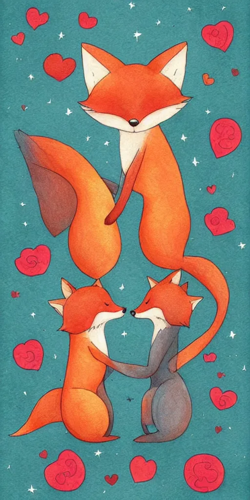 Image similar to greeting card, love, 2 affectionate foxes, by kelly mckernan, warm colors, cozy