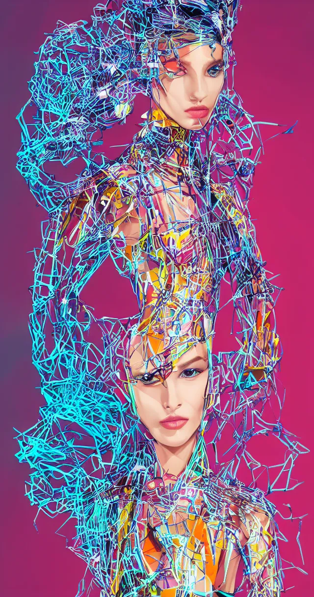 Image similar to futuristic fashion show, beautiful model with colored clothes illustration, highly detailed,
