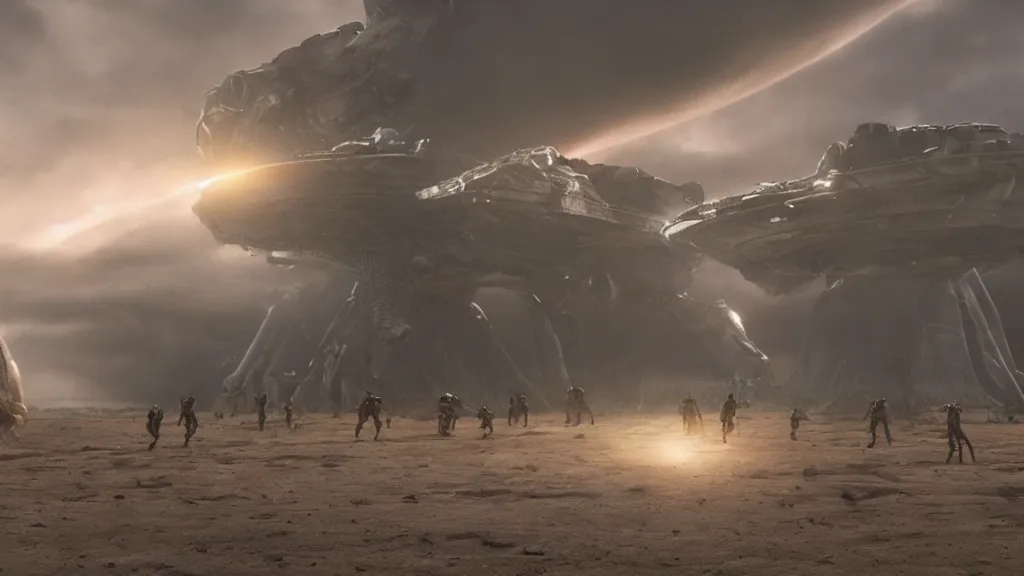 Image similar to aliens arriving earth, film still from the movie directed by Denis Villeneuve with art direction, wide angle, 4K