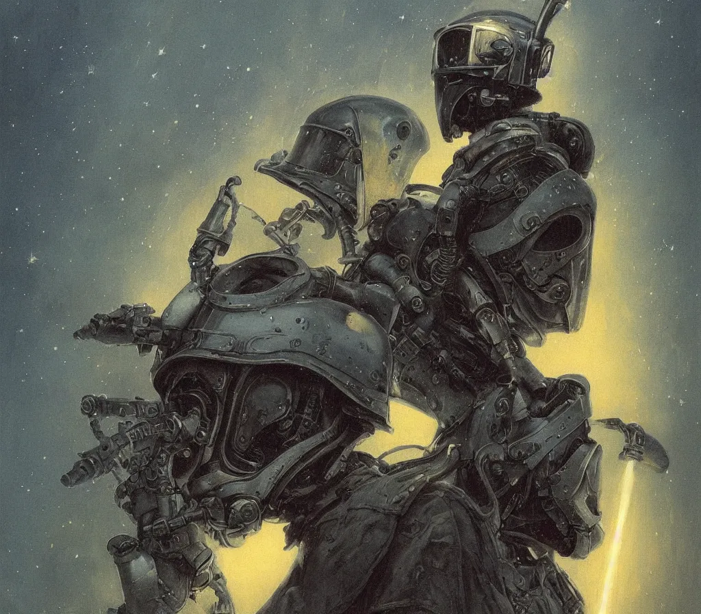 Prompt: a detailed portrait painting of a bounty hunter in combat armour and visor. Smoke. cinematic sci-fi poster. Cloth and metal. Flight suit, accurate anatomy portrait symmetrical, plague doctor. science fiction theme with lightning, aurora lighting clouds and stars. Futurism by beksinski carl spitzweg moebius and tuomas korpi. baroque elements. baroque element. intricate artwork by caravaggio. Oil painting. Trending on artstation. 8k