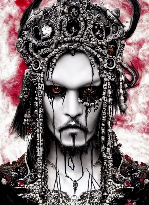 Prompt: baroque bedazzled gothic royalty frames surrounding a pixelsort highly detailed portrait of Jack Sparrow Grindelwald, by Gerhard Munthe , 4k resolution, nier:automata inspired, bravely default inspired, vibrant but dreary but upflifting red, black and white color scheme!!! ((Space nebula background)) emo demonic horrorcore japanese yokai doll, low quality sharpened graphics, remastered chromatic aberration spiked korean bloodmoon sigil stars draincore, gothic demon hellfire hexed witchcore aesthetic, dark vhs gothic hearts, neon glyphs spiked with red maroon glitter breakcore art by guro manga artist Shintaro Kago