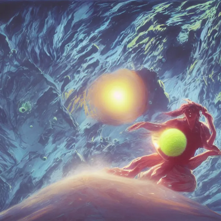 Prompt: cinematic portrait of a tennis ball monster in the abyss of space, chalk on canvas, masterpiece, trending on artstation, featured on pixiv, cinematic composition, dramatic pose, beautiful lighting, sharp details, hyper-detailed, HD, HDR, 4K, 8K, art by Tim Hildebrandt and Wayne Barlowe and Bruce Pennington and ruan jia and larry elmore
