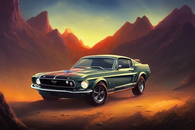Impression d'art Mustang GT Muscle Car in the Sunset