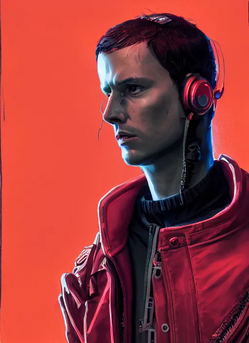 Image similar to ezra. cyberpunk character wearing jumpsuit and red jacket and cyberpunk headset. ( blade runner 2 0 4 9, dystopian, cyberpunk 2 0 7 7 character design ). attractive face. portrait by james gurney and laurie greasley, oil on canvas. cinematic, hyper realism, realistic proportions, full view, dramatic lighting, high detail 4 k