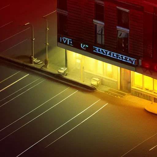 Prompt: A stunningly beautiful award-winning 8K high angle cinematic movie photograph of a dark foggy main intersection in an abandoned 1950s small town at night, by Edward Hopper and David Fincher and Darius Khonji, cinematic lighting, perfect composition, moody low key volumetric light. Color palette from Seven, greens yellows and reds. 2 point perspective