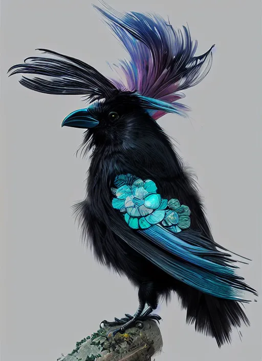 Image similar to beautiful black raven bird with long turqoise feather highlights, cute, intricate, highly detailed, digital painting, trending on artstation, concept art, smooth, sharp focus, backlit, rim light, vivid colors, illustration, unreal engine 5, 8 k, art by rossdraws and alphonse mucha