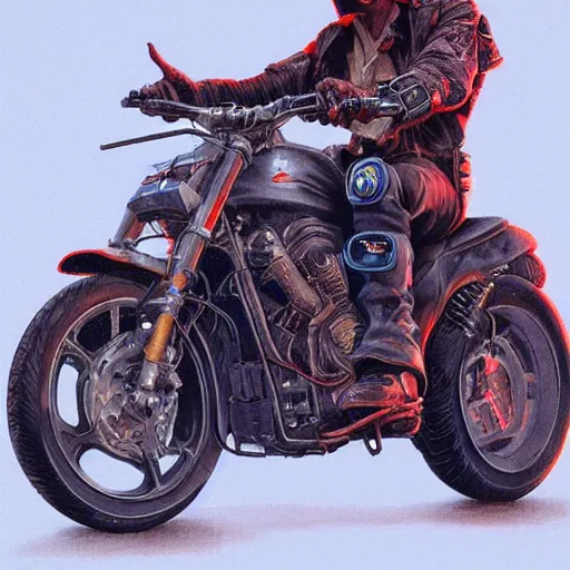 Image similar to a cyberpunk cowboy fully decked out in his cowboy hat, holsters, boots and spurs, sitting on a high tech motorbike, artwork by wayne barlowe