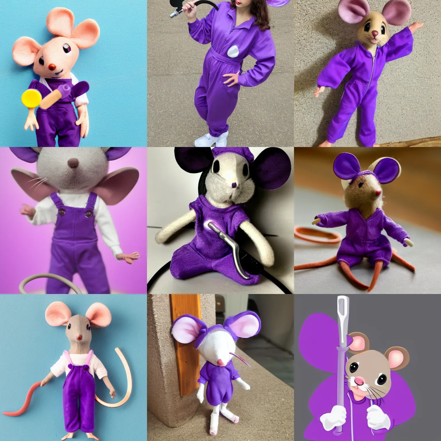 Prompt: cute attractive female mouse, wearing purple jumpsuit, holding a wrench