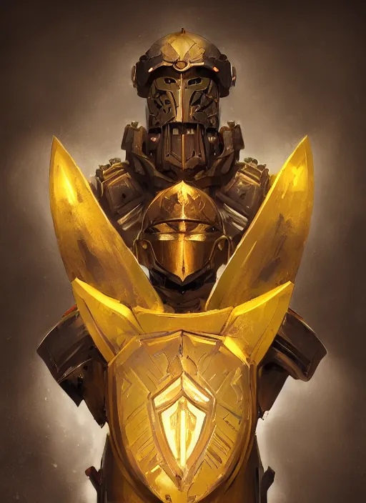 Image similar to dynamic attack position abstract portrait of a intricate glorious holy mechanical warforged character in yellow armor holding a paladin engraved great longsword drawn and carrying a big paladin shield, PAR can lighting , face in focus, epic , trending on ArtStation, masterpiece, cinematic lighting, by Ross Tran and by Greg Rutkowski