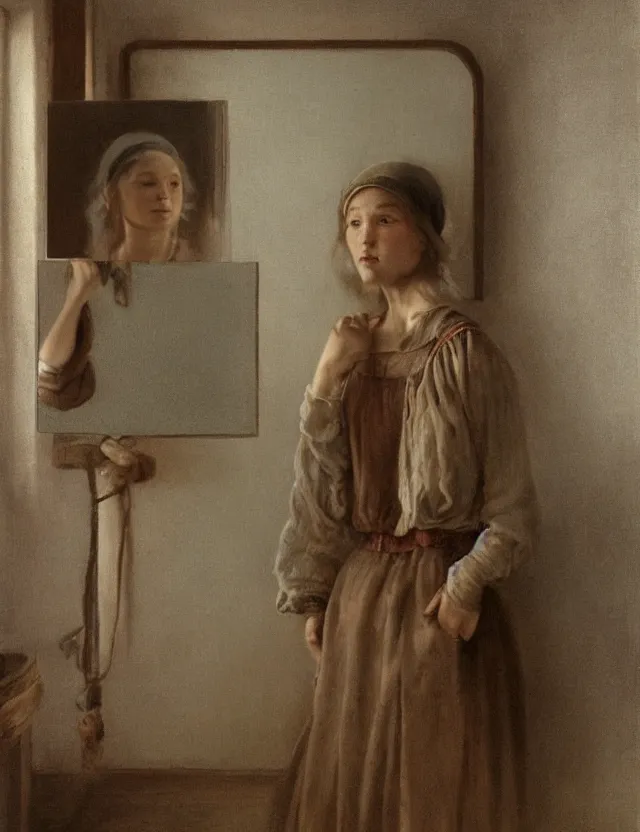 Image similar to portrait of peasant girl looking in a mirror, Cinematic focus, Polaroid photo, vintage, neutral colors, soft lights, foggy, by Steve Hanks, by Serov Valentin, by lisa yuskavage, by Andrei Tarkovsky 8k render, detailed, oil on canvas