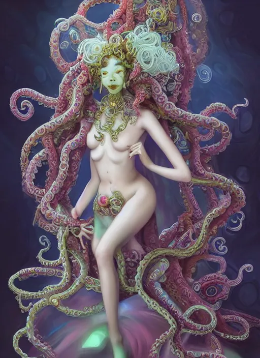 Prompt: A full body shot of a cute and mischievous monster girl made of tentacles wearing an ornate ball gown covered in opals. Fancy Dress. Subsurface Scattering. Translucent Skin. Rainbow palette. defined facial features, symmetrical facial features. Opalescent surface. beautiful lighting. By Giger and Ruan Jia and Artgerm and WLOP and William-Adolphe Bouguereau. Photo real. Hyper-real. Photorealism. Fantasy Illustration. Sailor Moon hair. Masterpiece. trending on artstation, featured on pixiv, award winning, cinematic composition, dramatic pose, sharp, details, Hyper-detailed, HD, HDR, 4K, 8K.