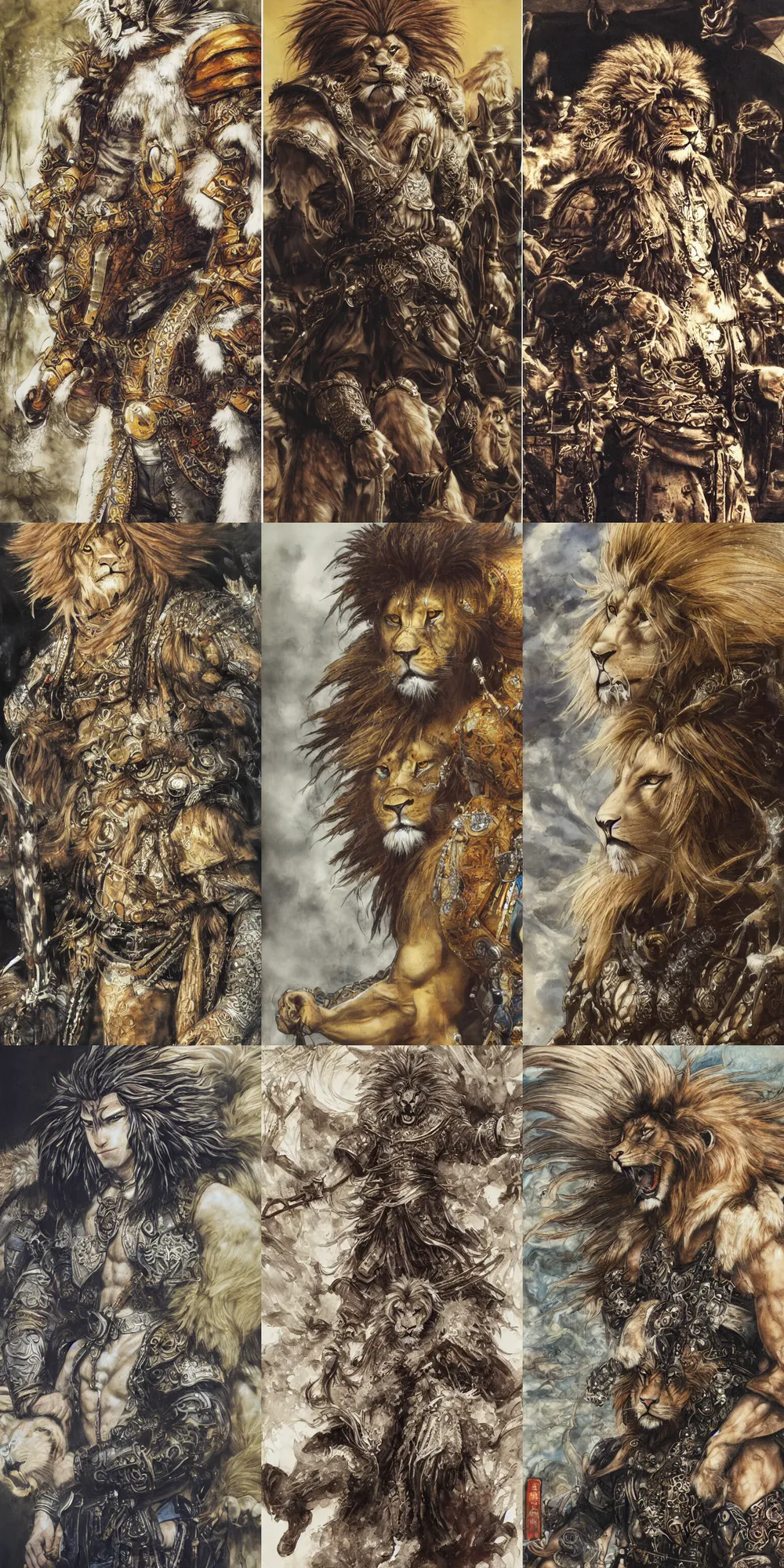 Image similar to 8 k yoshitaka amano painting of upper body of a young cool looking lion beastman with white mane at a medieval market at windy day. depth of field. he is wearing complex fantasy clothing. he has huge paws. renaissance style lighting.