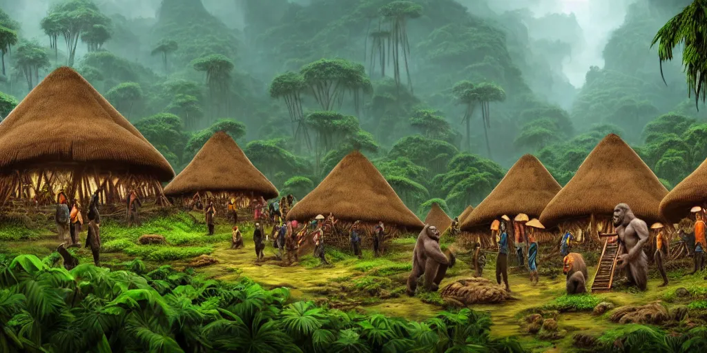 Image similar to a jungle village of alino gorillas and their mushroom huts, matte oil painting, retrofuturistic, science fantasy, salt, rust, mutant, lgbt, queer, rpg, epic, dungeons & dragons, sacred, sharp focus, award - winning, extremely detailed, 4 k, 8 k