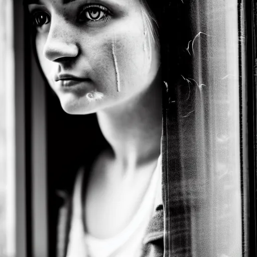 Image similar to black and white photography of highly detailed beautiful depressed Woman with detailed face in the heroine chique style standing by the window, vintage, natural light, sigma 85mm f/1.4 1/10 sec shutter
