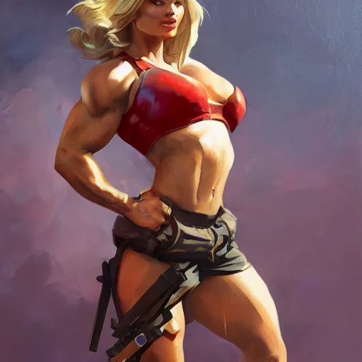 Image similar to greg manchess portrait of margot robbie as thick female bodybuilder lara croft wearing red armour in disco elysium, epic grimdark, fantasy, medium shot, asymmetrical, profile picture, organic painting, sunny day, matte painting, bold shapes, hard edges, street art, trending on artstation, by huang guangjian and gil elvgren and sachin teng