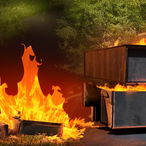 Image similar to cell shaded image of a dumpster on fire with raccoons running away