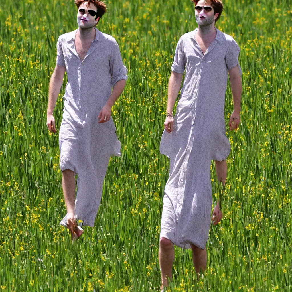 Prompt: robert pattinson in a sundress frolicking through a field