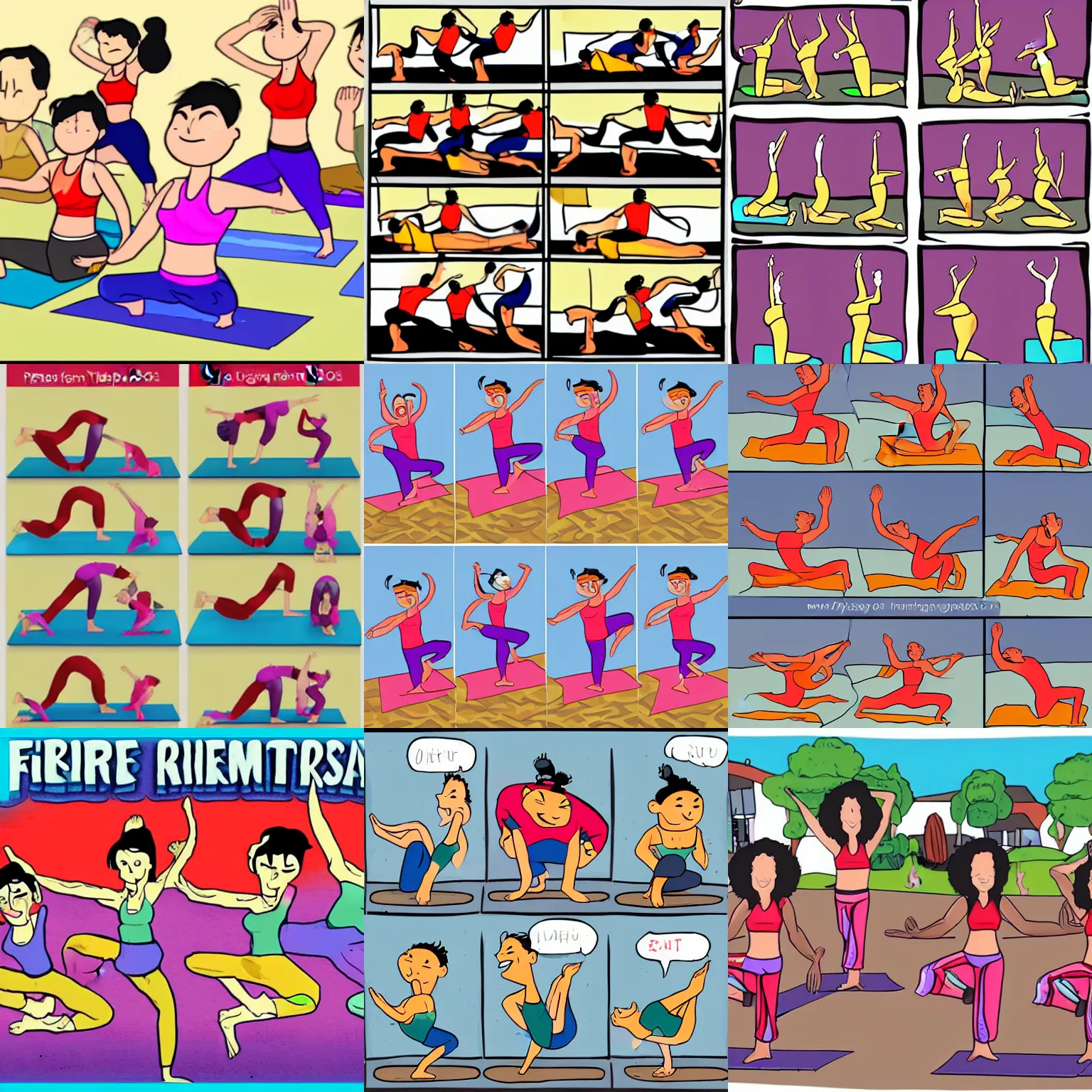 Prompt: six firefightes doing yoga, cartoon, laughing