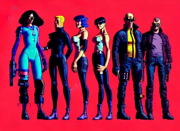 Image similar to cyberpunk heist crew. portrait by stonehouse and mœbius and will eisner and gil elvgren and pixar. character design. realistic proportions. cyberpunk 2 0 7 7 character art, blade runner 2 0 4 9 concept art. cel shading. attractive face. thick lines. the team. diverse characters. artstationhq.