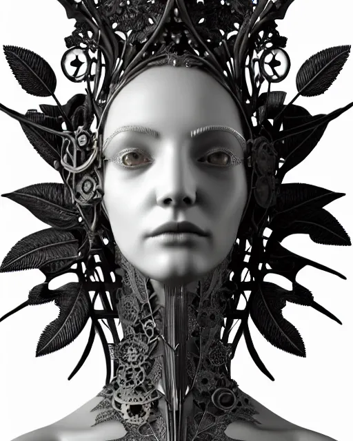 Image similar to monochrome 3 d model, 1 8 7 0 picture, silver mesh floral steampunk biomechanical beautiful young female cyborg with porcelain profile face and a techno eye, volumetric light, leaves foliage and stems, hibiscus flowers, sinuous fine roots, fine foliage lace, alexander mcqueen, rim light, big gothic fashion pearl embroidered collar, octane render, 8 k