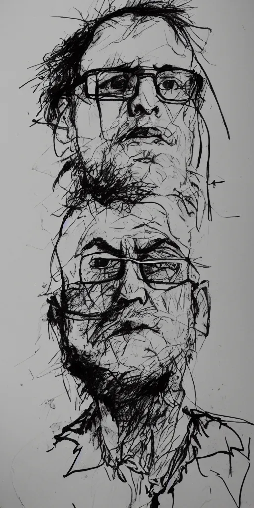 Image similar to a loose wild messy ink sketch portrait of a self portrait in the style of ralph steadman, caricature, dramatic