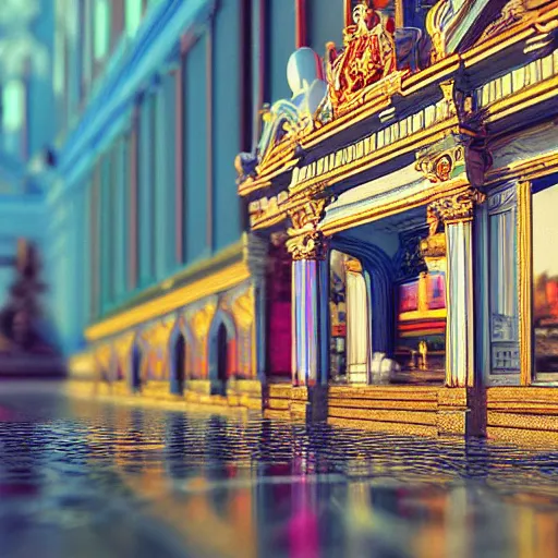 Prompt: tilt shift, 3d colorful, baroque style, light refraction, light reflection, foreground background, real porcelain texture effect, avantgarde, render, octane, artstation