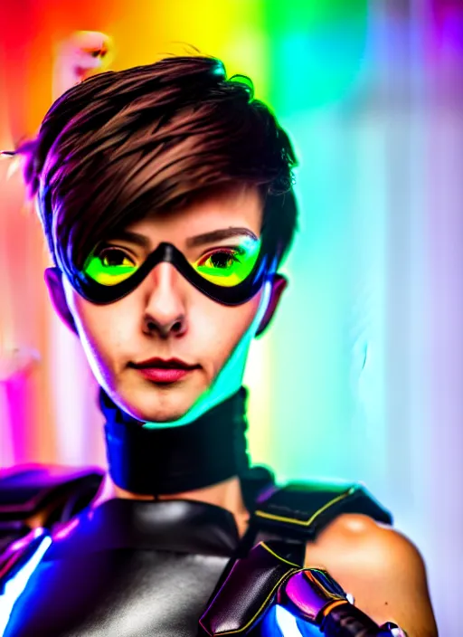 Prompt: hyperrealistic style portrait of tracer overwatch, confident pose, wearing black iridescent rainbow latex, rainbow, neon, 4 k, expressive happy smug expression, makeup, wearing detailed black leather collar, wearing sleek armor, studio lighting, black leather harness, expressive detailed face and eyes,