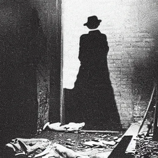 Image similar to retro photograph of a crime scene of the serial killer Jack the Ripper, unsettling, creepy, horrific, gruesome