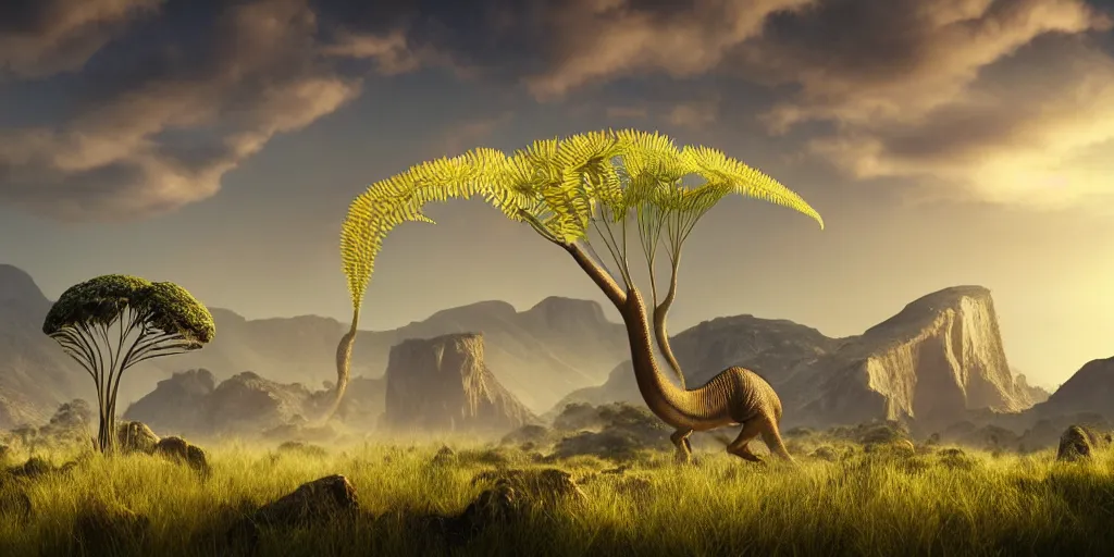 Image similar to a prehistoric fern savanna, a sauropod neck in the background, mountains, clouds, volumetric lighting, hazy, washed out, an award winning digital render, beautiful, ultradetailed, hyperrealistic, great composition