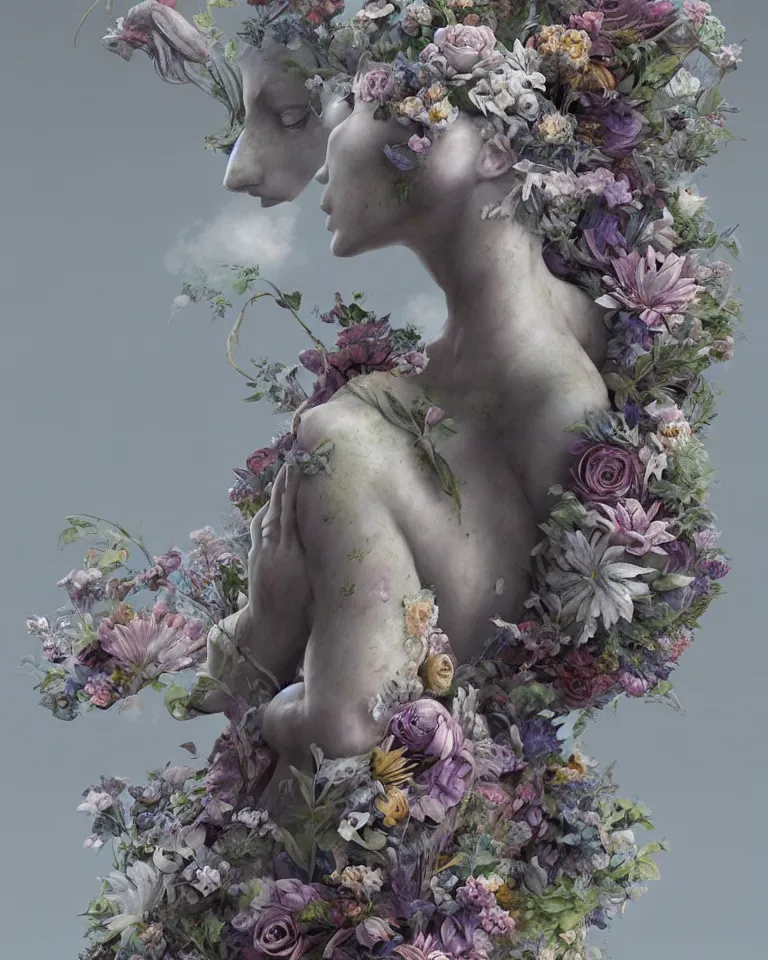 Prompt: a marble statue made of flowers made of mist, Andrew Ferez, Charlie Bowater, Marco Mazzoni, Seb McKinnon, Ryohei Hase, trending on cgsociety, featured on zbrush central, new sculpture, mystical