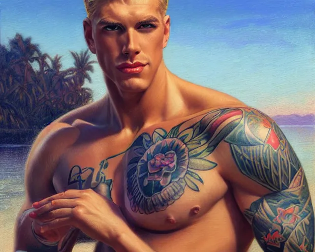 Prompt: handsome tattooed blonde gym bro by the water, synthwave painting by artgerm, gaston bussiere, craig mullins, j. c. leyendecker, tom of finland