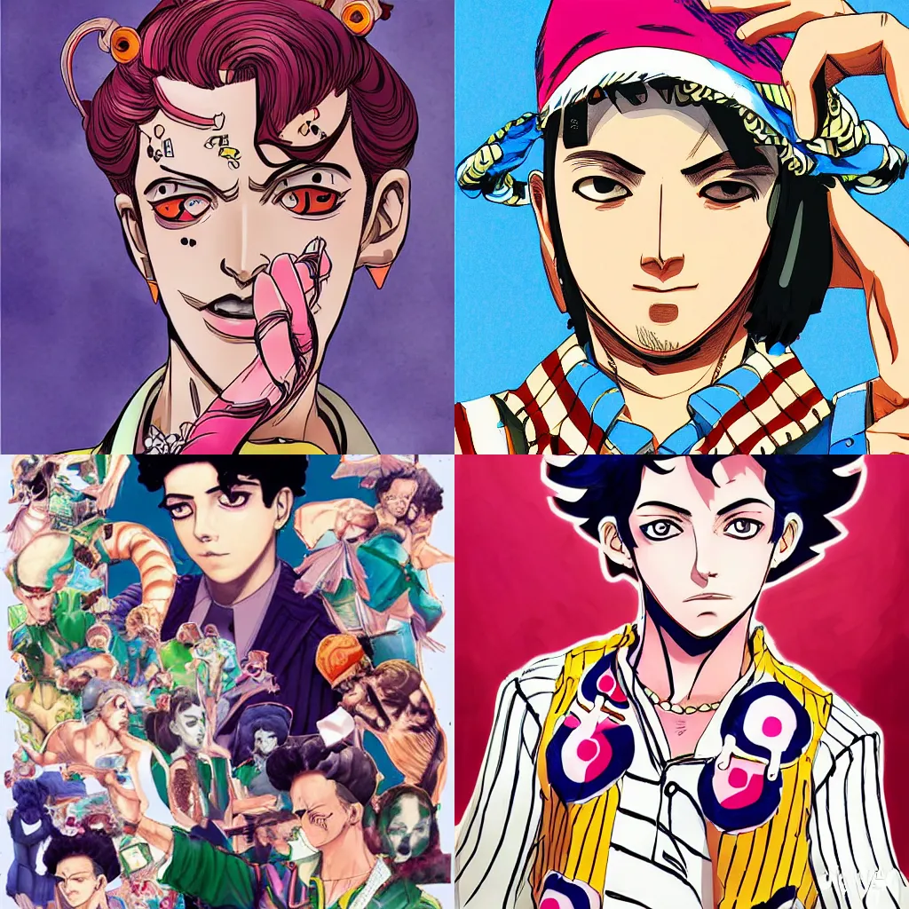 Prompt: jojolion, accurate anatomy, highly detailed, digital art, centered, portrait, colored vibrantly, in the style of hirohiko araki