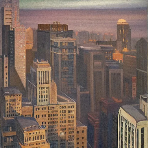 Prompt: muted color ultra realistic painting of a balcony view of 1 9 2 5 boston downtown at night, viewpoint as if through distorted glass or underwater, dark, brooding, night, atmospheric, ultra - realistic, smooth, highly detailed in the style of clyde caldwell