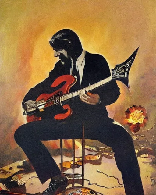 Prompt: Snake Oil salesman shredding on a Gibson SG, badass painting by Frank Frazetta