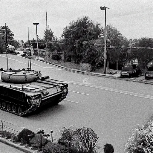 Prompt: cctv footage of a tank driving past a suburban neighbhoorhood, realistic, highly detailed, black and white, at night, taken on a security cctv camera, taken from the view of a house door.