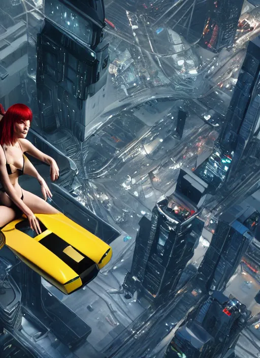 Image similar to Mila Jovovich as Leeloo from the Fifth Element Jumping over a flying Taxi seen from above. Futuristic city 8k. Luc Beson. Cinematic lighting. Hollywood. flares. Flying cars. insanely detailed, trending on artstation, sharp focus, post-processing. 35mm film.