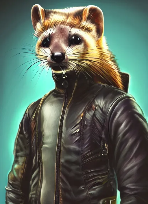 Prompt: cyberpunk anthropomorphic ferret pine marten, with mohawk, wearing leather jacket, medium shot portrait, digital painting, trending on ArtStation