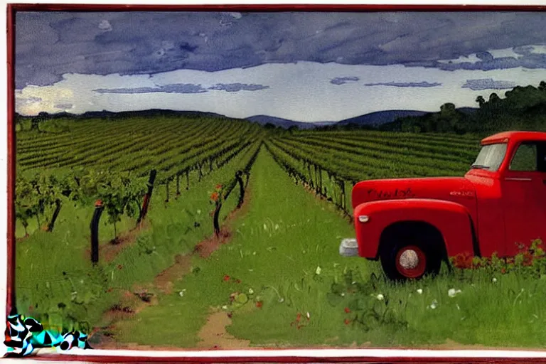 Image similar to painting of a vintage red truck in a vineyard by winslow homer